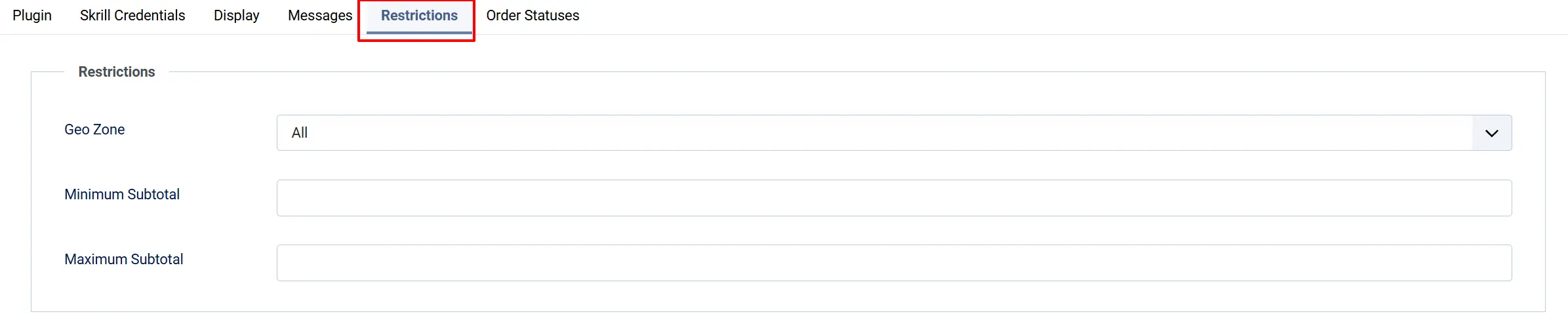 Skrill plugin, Restrictions tab highlighted: Geo Zone set to All, with empty Minimum Subtotal and Maximum Subtotal fields