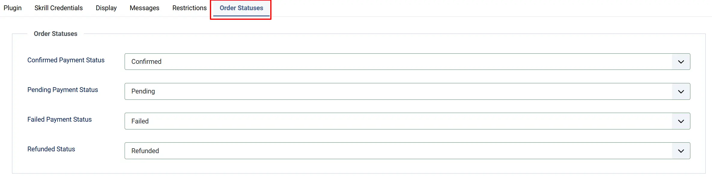 Skrill plugin, Order Statuses tab highlighted: Confirmed Payment Status Confirmed, Pending Pending, Failed Failed, Refunded Status Refunded