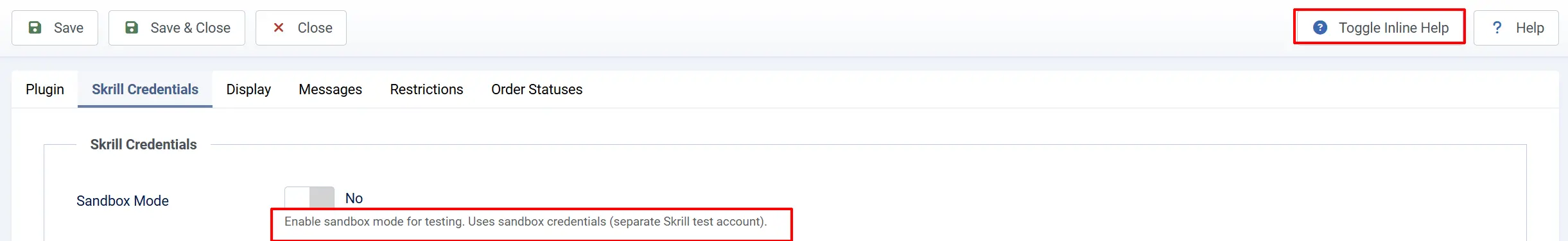 Skrill plugin toolbar with Toggle Inline Help highlighted and help text under Sandbox Mode (No) on the Skrill Credentials tab