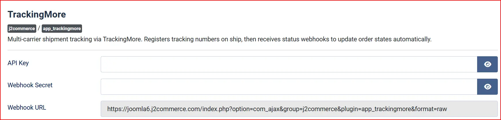 TrackingMore app settings with the API Key, Webhook Secret and read-only Webhook URL fields highlighted, with the API Key and Secret left blank
