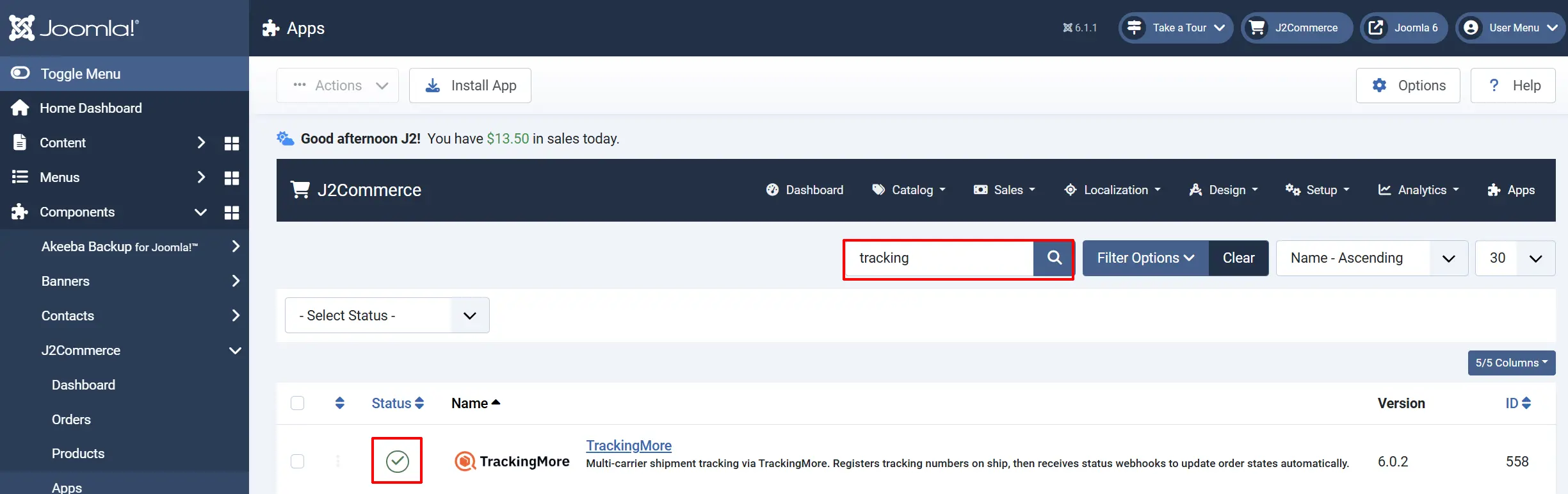 Joomla Apps list searched for tracking, with the TrackingMore status icon highlighted as a green checkmark showing it is enabled