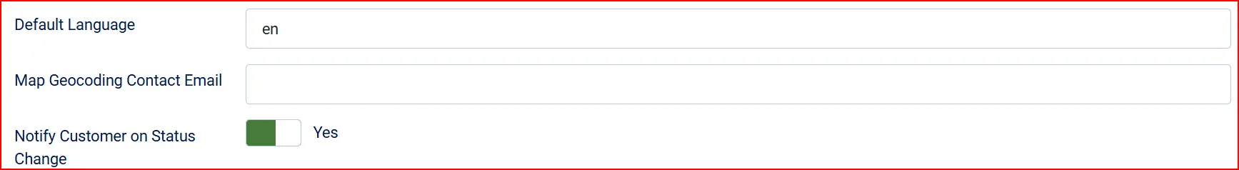 TrackingMore settings highlighting Default Language en, an empty Map Geocoding Contact Email field and Notify Customer on Status Change set to Yes