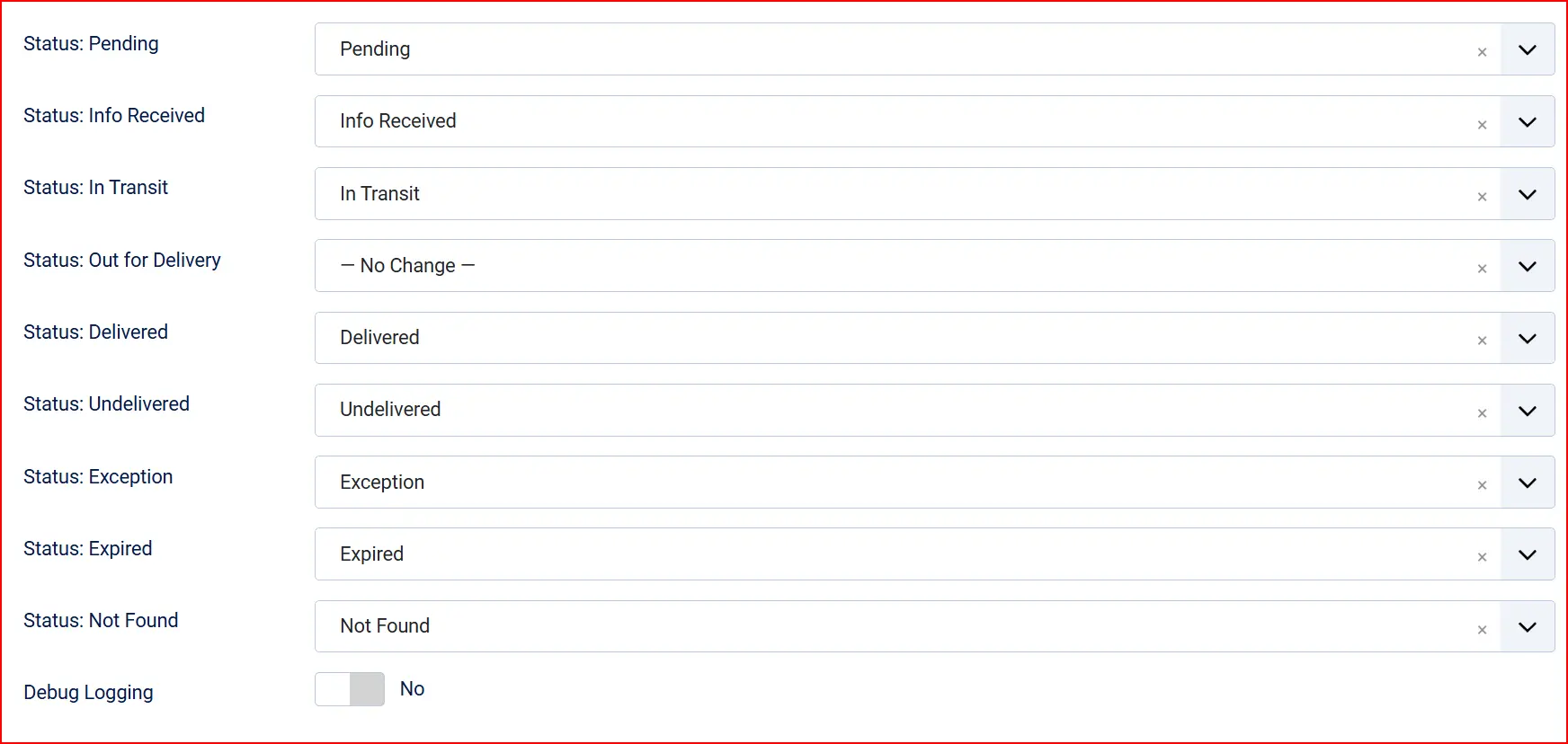TrackingMore settings highlighting order status mapping dropdowns from Status: Pending to Not Found, with Out for Delivery set to No Change