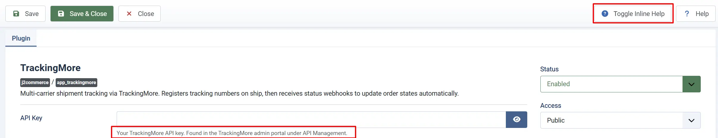 TrackingMore settings with Toggle Inline Help highlighted and help text under the API Key field about finding the key under API Management