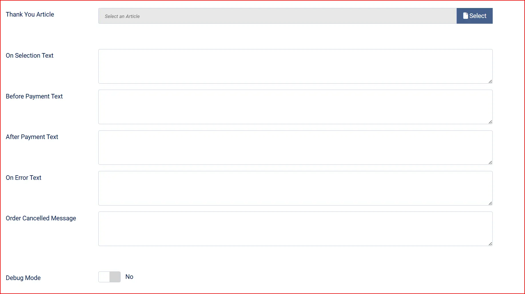 Tranzila plugin message settings, highlighted: Thank You Article selector, empty On Selection, Before Payment, After Payment, On Error and Order Cancelled boxes, Debug Mode No