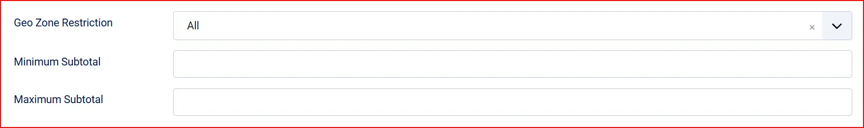 Tranzila plugin restriction settings, highlighted: Geo Zone Restriction All, with empty Minimum Subtotal and Maximum Subtotal fields