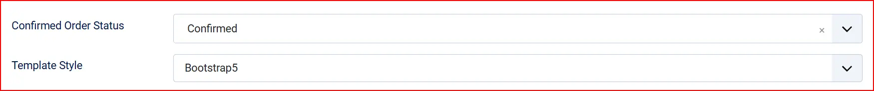 Tranzila plugin order settings, highlighted: Confirmed Order Status set to Confirmed and Template Style set to Bootstrap5