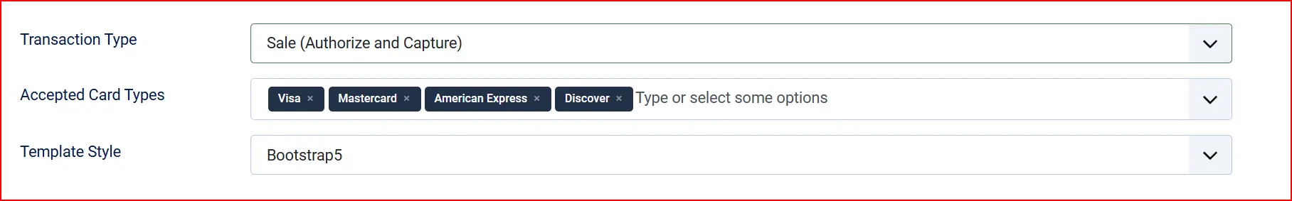 USAePay plugin settings, highlighted: Transaction Type Sale (Authorize and Capture), Accepted Card Types Visa, Mastercard, American Express and Discover, Template Style Bootstrap5