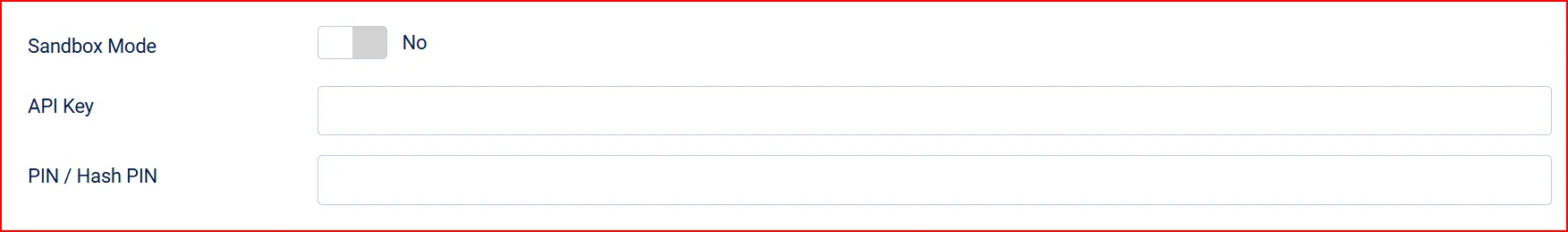 USAePay plugin API credentials, highlighted: Sandbox Mode No, with empty API Key and PIN / Hash PIN fields
