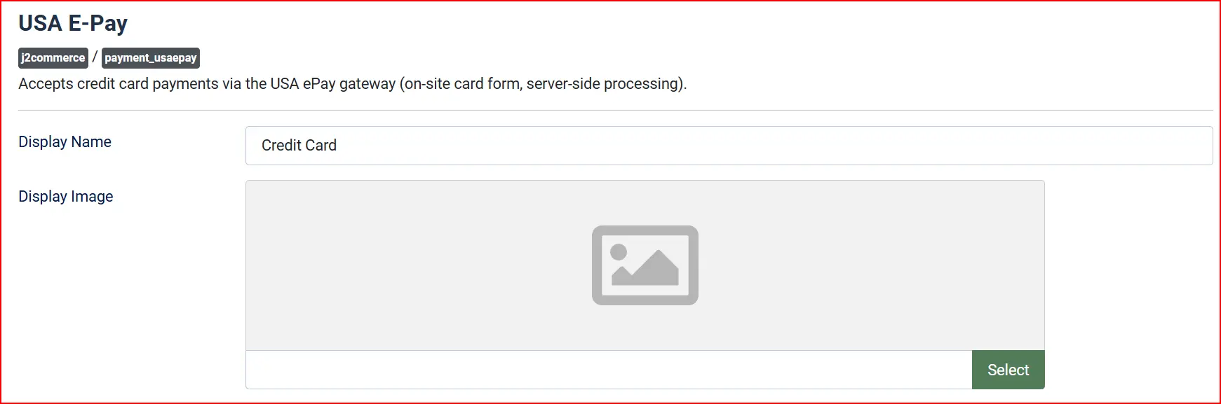 Plugins: USA E-Pay, Plugin tab highlighted: Display Name Credit Card, empty Display Image with a Select button, and the plugin description
