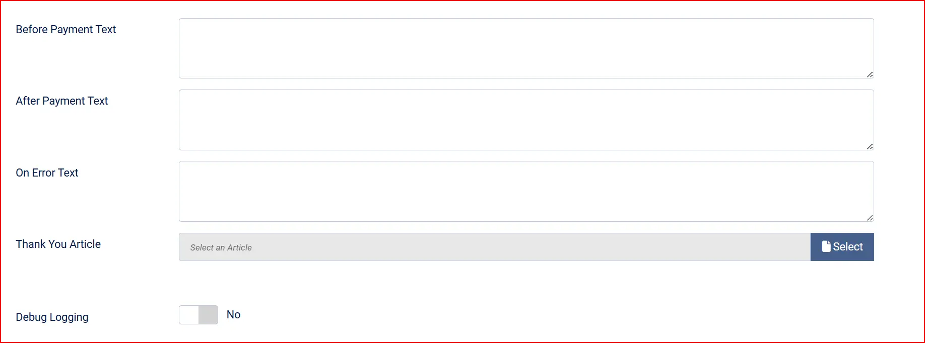 USAePay plugin message settings, highlighted: empty Before Payment, After Payment and On Error text boxes, Thank You Article selector, Debug Logging No