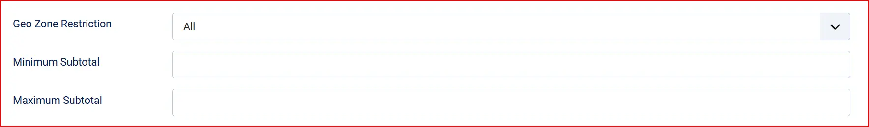 USAePay plugin restriction settings, highlighted: Geo Zone Restriction All, with empty Minimum Subtotal and Maximum Subtotal fields