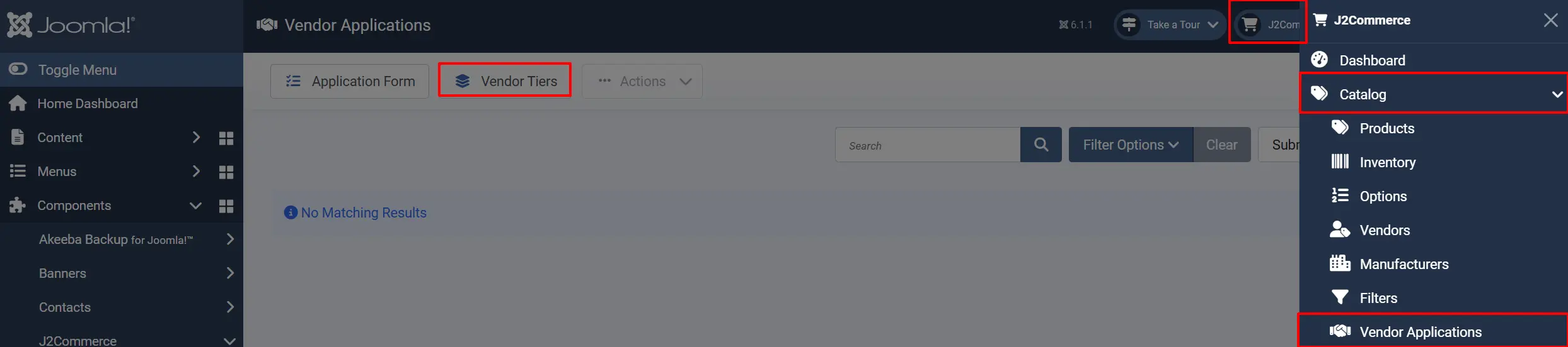 J2Commerce menu open on Catalog with Vendor Applications highlighted, behind the Vendor Applications screen with its Vendor Tiers button highlighted