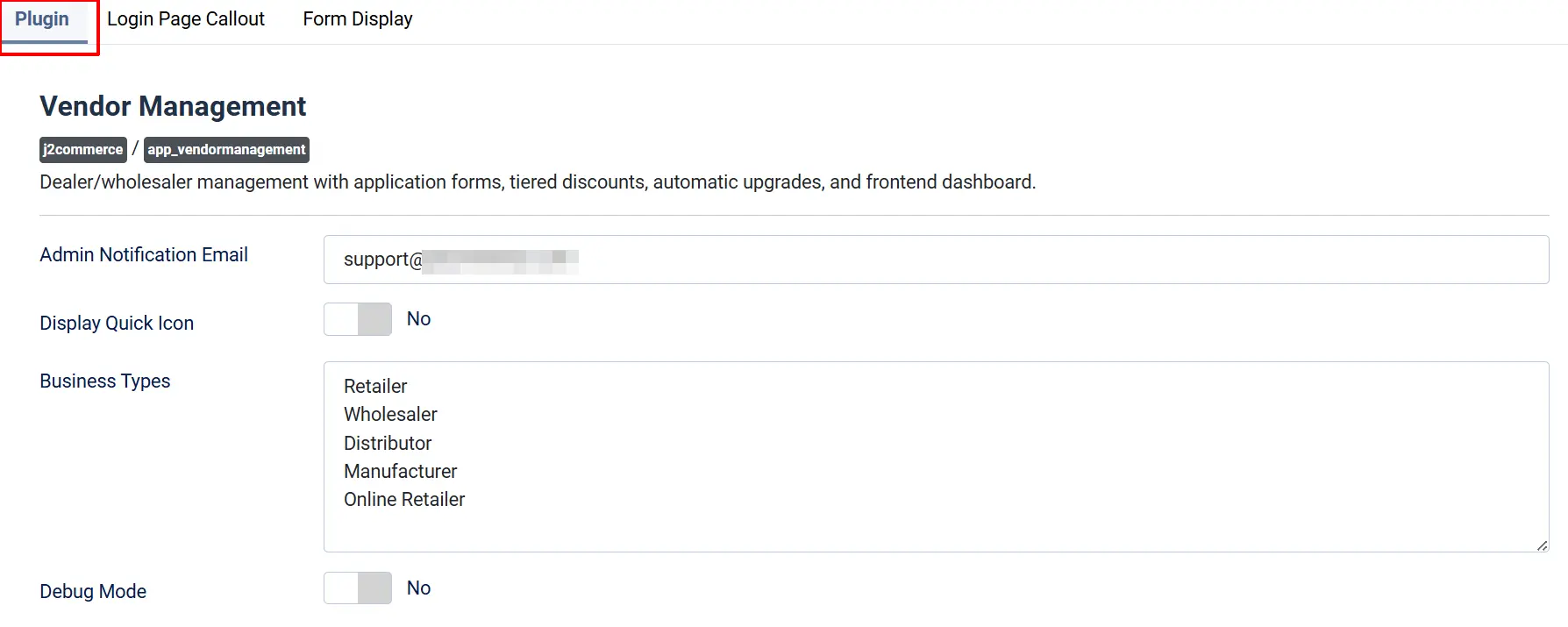 Vendor Management settings, Plugin tab highlighted: Display Quick Icon No, Business Types Retailer to Online Retailer, Debug Mode No