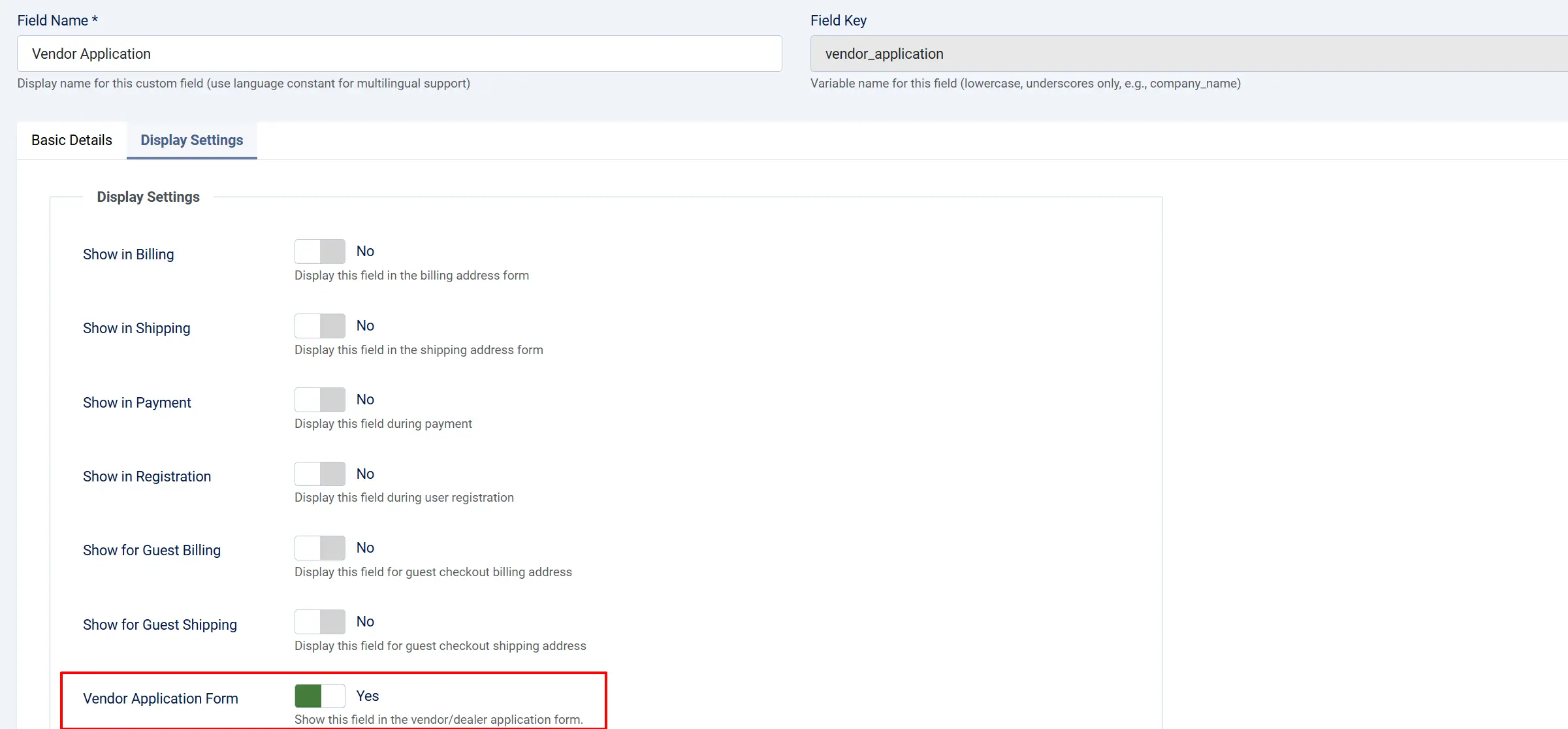 Checkout field editor for Vendor Application, Display Settings tab, with the Vendor Application Form switch highlighted as Yes and other areas set to No