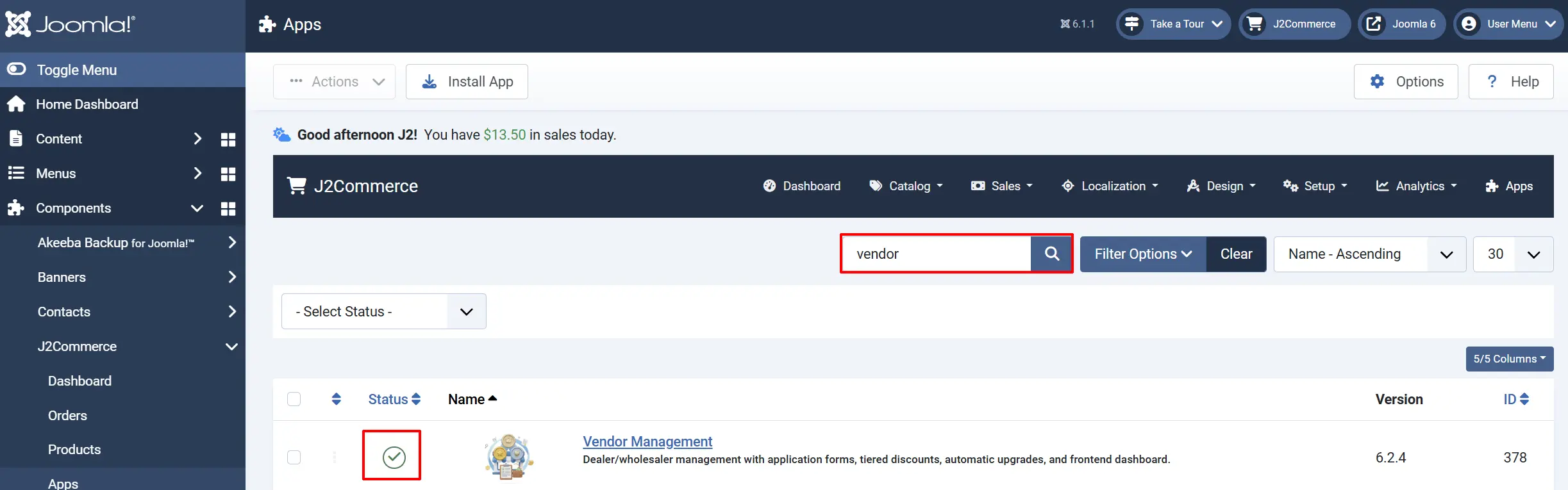 Joomla Apps list searched for vendor, with the Vendor Management status icon highlighted as a green checkmark showing it is enabled
