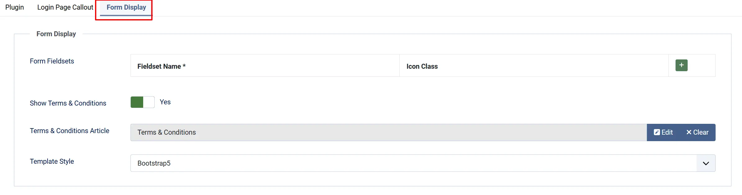Vendor Management settings, Form Display tab highlighted: Form Fieldsets table, Show Terms & Conditions Yes, Terms article, Template Style Bootstrap5