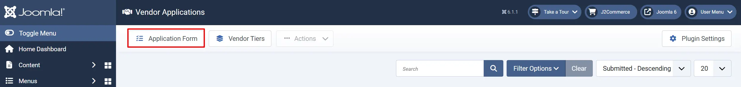 Vendor Applications toolbar with the Application Form button highlighted beside Vendor Tiers, Actions and Plugin Settings, above an empty list