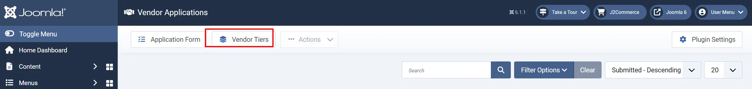 Vendor Applications toolbar with the Vendor Tiers button highlighted beside Application Form, Actions and Plugin Settings