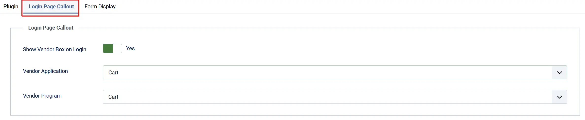 Vendor Management settings, Login Page Callout tab highlighted: Show Vendor Box on Login Yes, Vendor Application and Vendor Program set to Cart