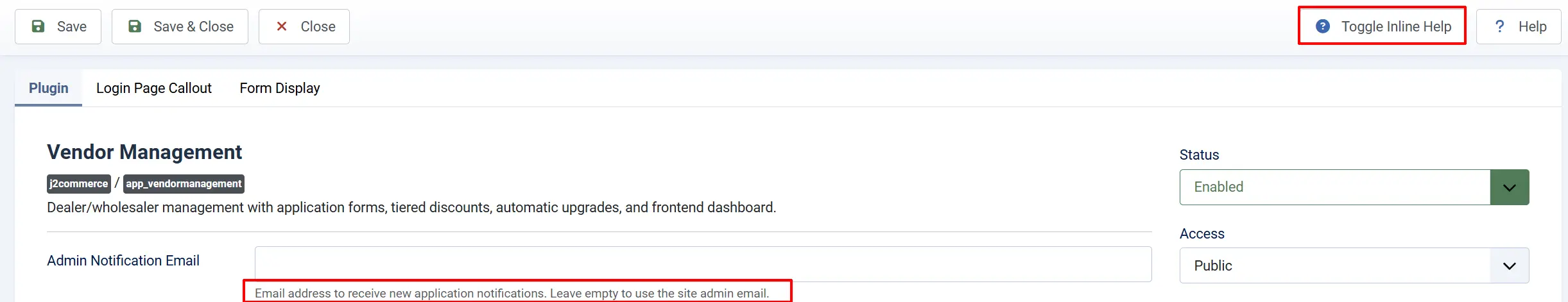 Vendor Management app settings with the Toggle Inline Help button highlighted and the Admin Notification Email help text shown below the field