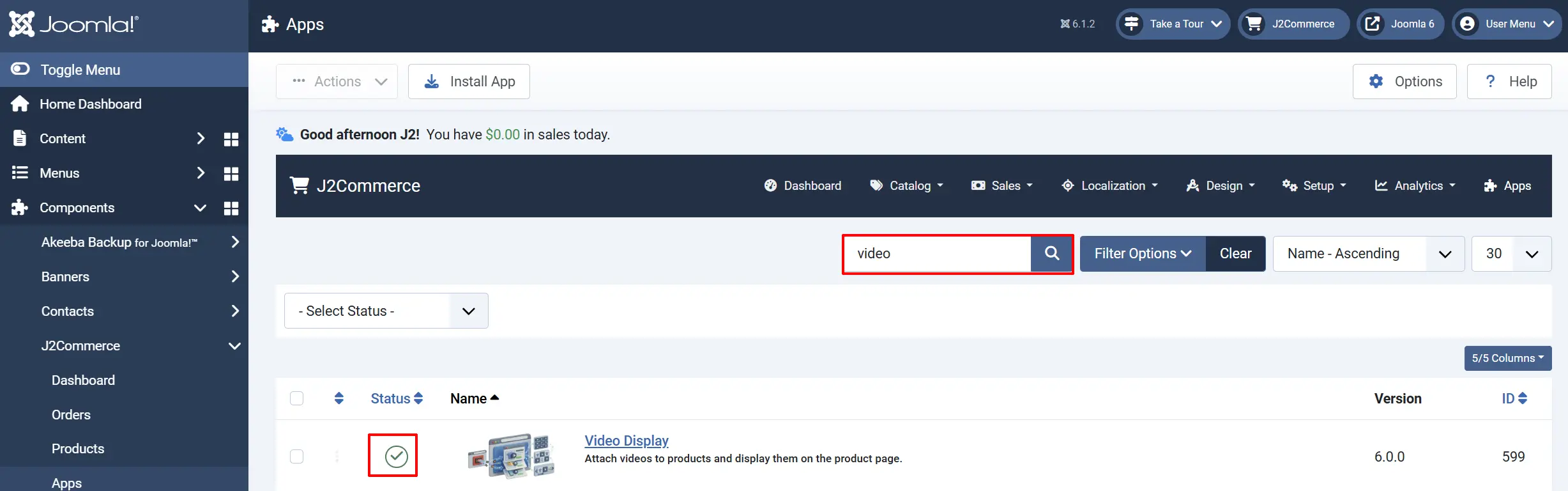 Apps list filtered by the search term "video", with the Status icon of the Video Display app highlighted to enable it