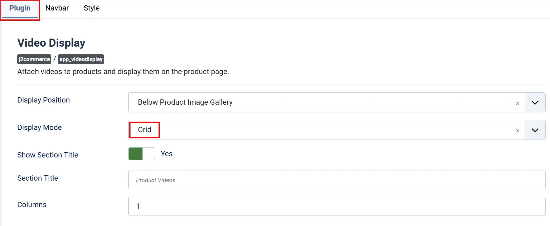 Video Display app, Plugin tab: Display Mode set to Grid and highlighted, Display Position Below Product Image Gallery, Columns 1