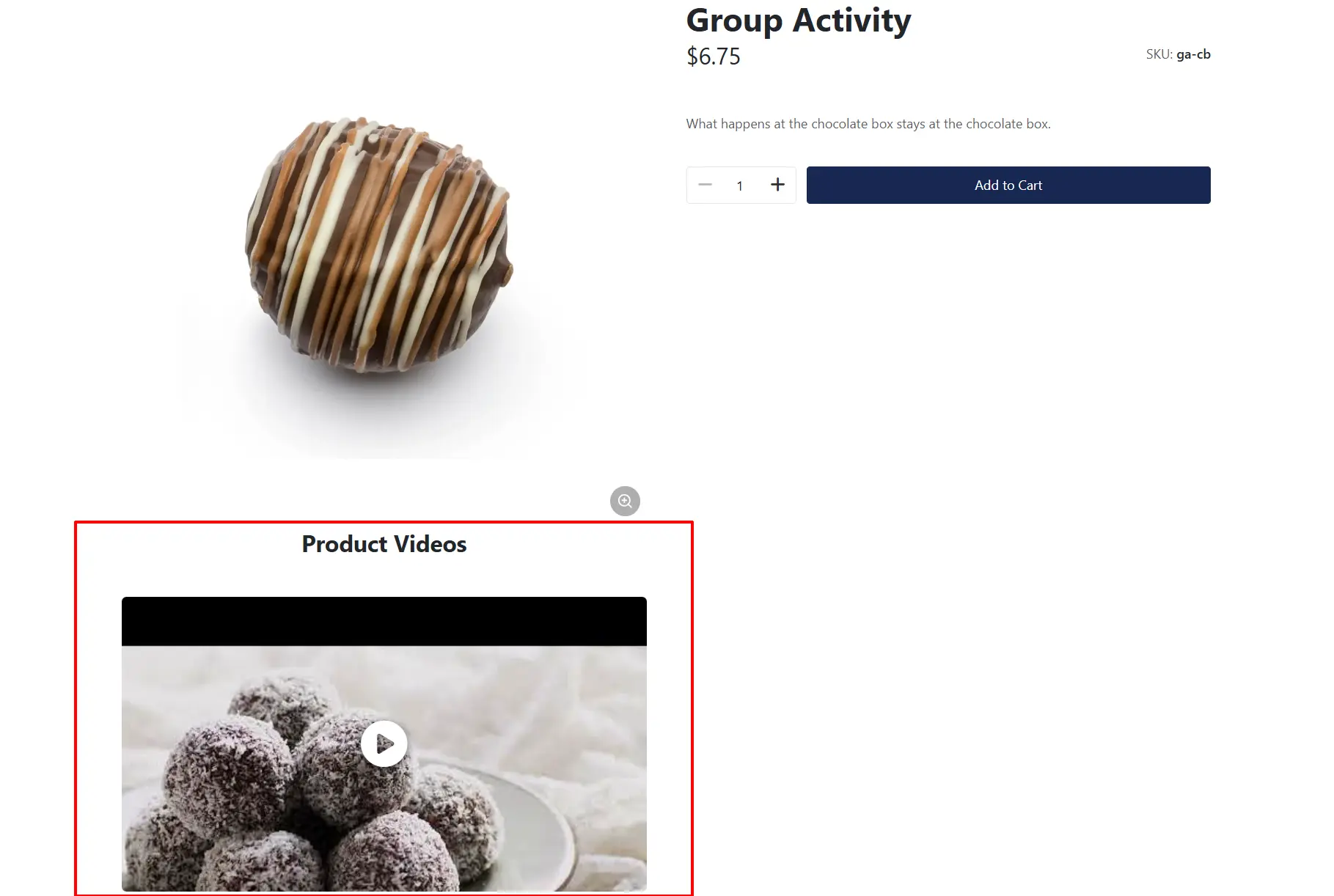 Product page with a Product Videos section highlighted below the image gallery, showing a video thumbnail with a play button