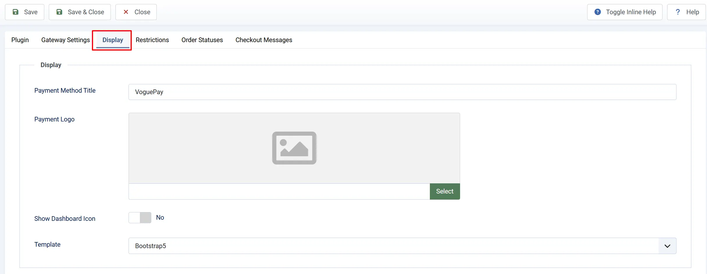 VoguePay plugin Display tab highlighted: Payment Method Title VoguePay, empty Payment Logo with Select button, Show Dashboard Icon No, Template Bootstrap5