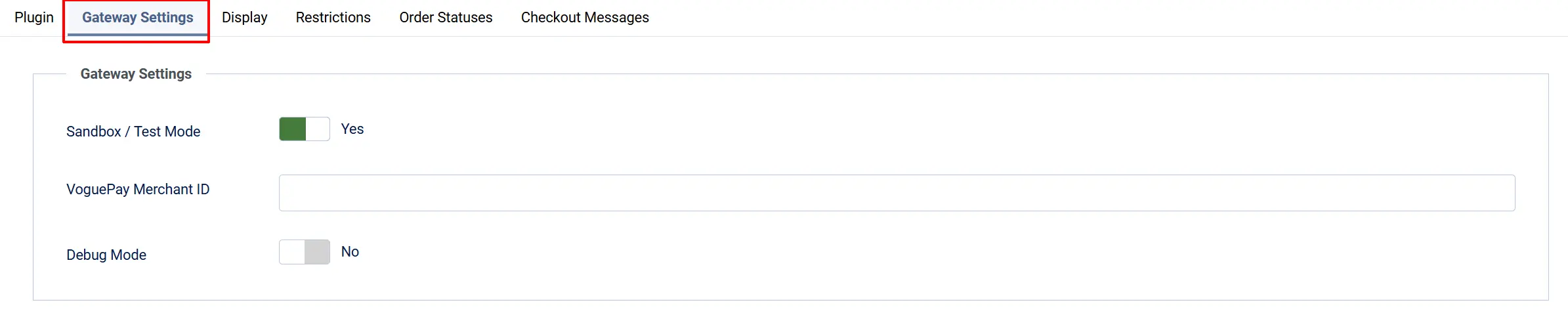 VoguePay plugin Gateway Settings tab highlighted: Sandbox / Test Mode Yes, empty VoguePay Merchant ID field, Debug Mode No