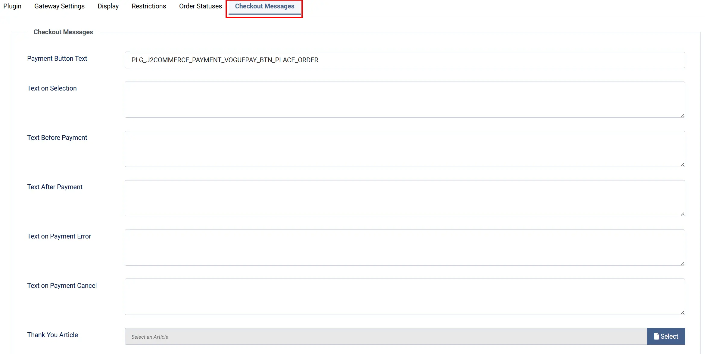 VoguePay plugin Checkout Messages tab highlighted: Payment Button Text, empty text boxes for selection, before, after, error and cancel, plus Thank You Article
