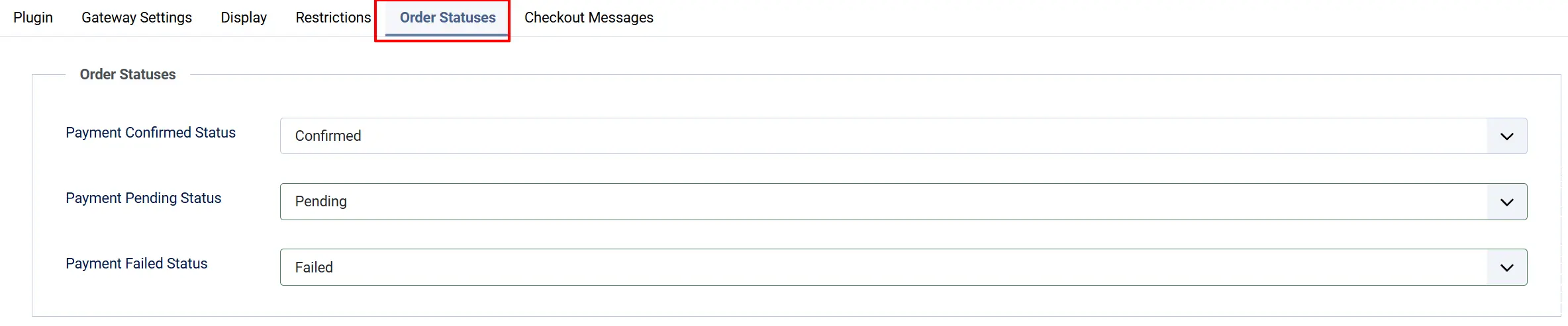 VoguePay plugin Order Statuses tab highlighted: Payment Confirmed Status Confirmed, Payment Pending Status Pending, Payment Failed Status Failed