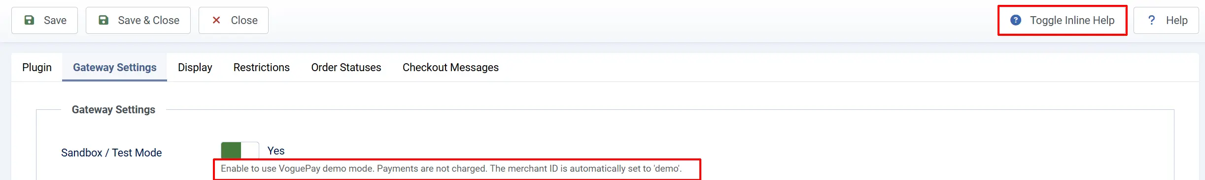 VoguePay plugin Gateway Settings with Toggle Inline Help highlighted and its help text shown: Sandbox / Test Mode Yes uses demo mode, merchant ID set to demo