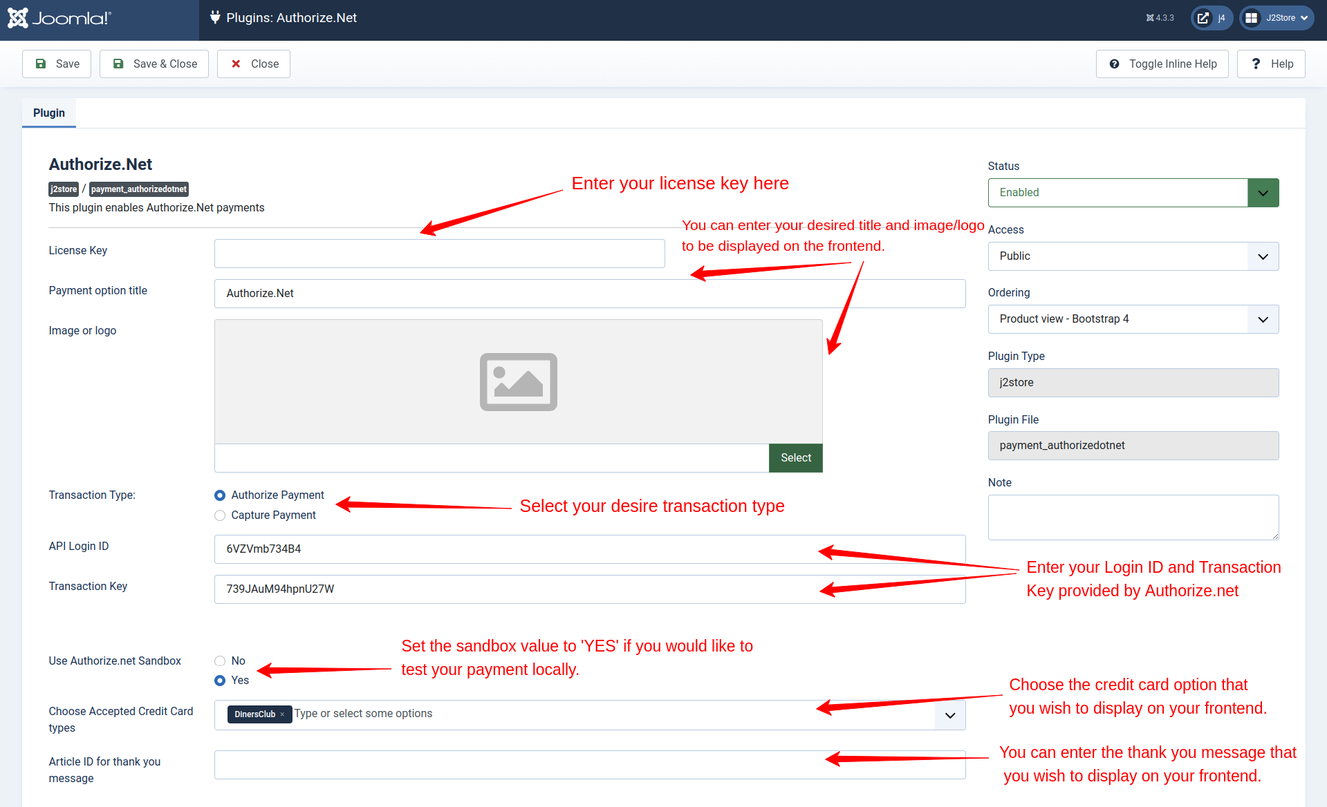 Plugins: Authorize.Net settings with callouts for License Key, title and logo, Transaction Type, API Login ID, Transaction Key