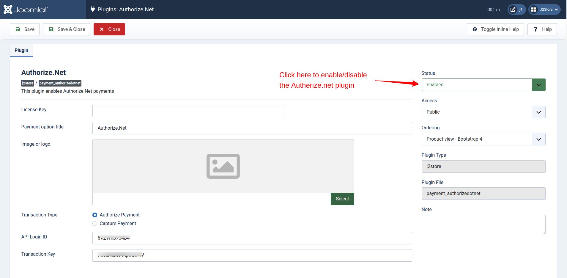 Plugins: Authorize.Net with the Status field set to Enabled highlighted by a red arrow, plus Transaction Type and credential fields