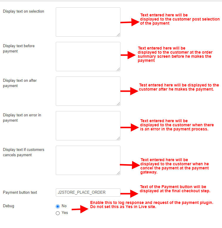 Payment plugin lower settings with arrows explaining each text box: display text on selection, before and after payment, on error, on cancel