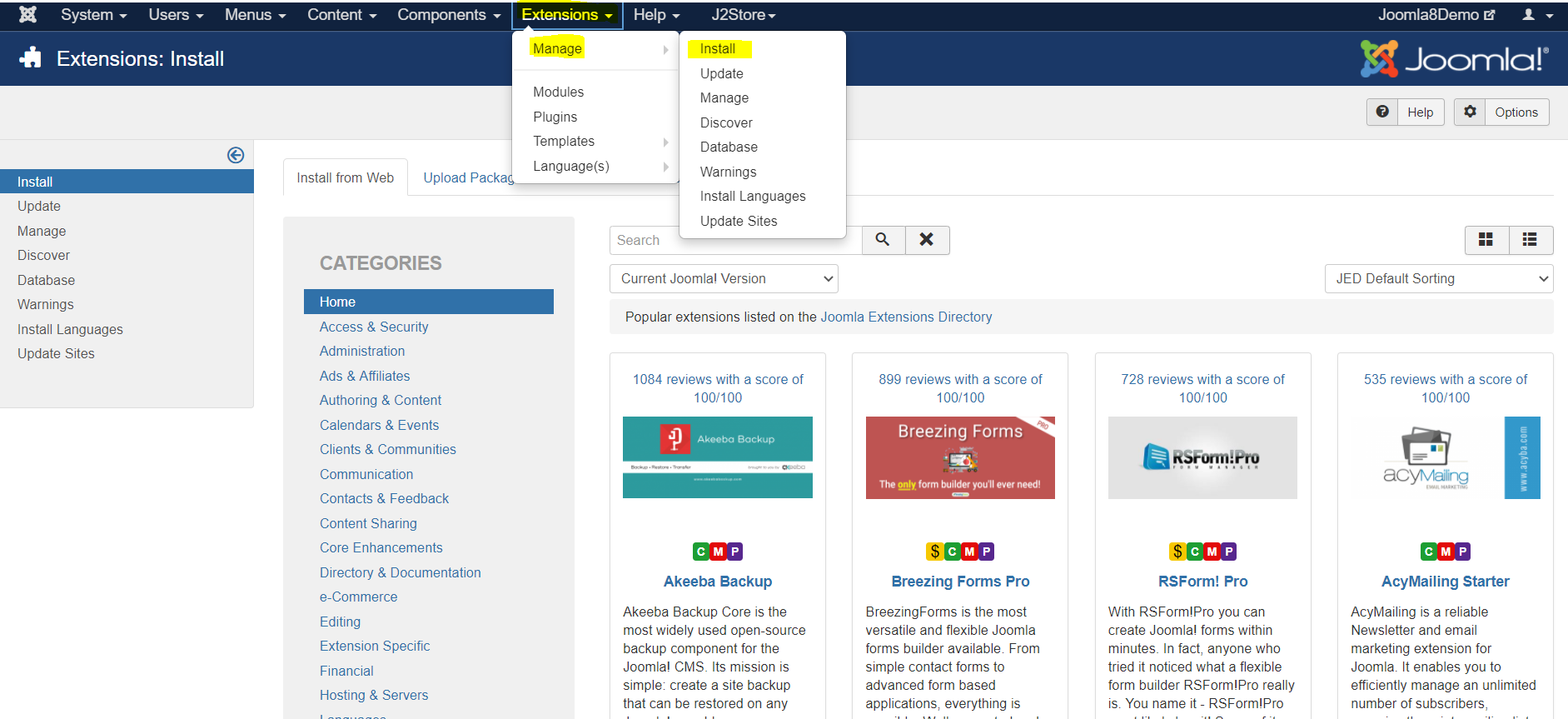Joomla 4 Extensions: Install screen with the Extensions > Manage > Install menu path highlighted over the Install from Web tab