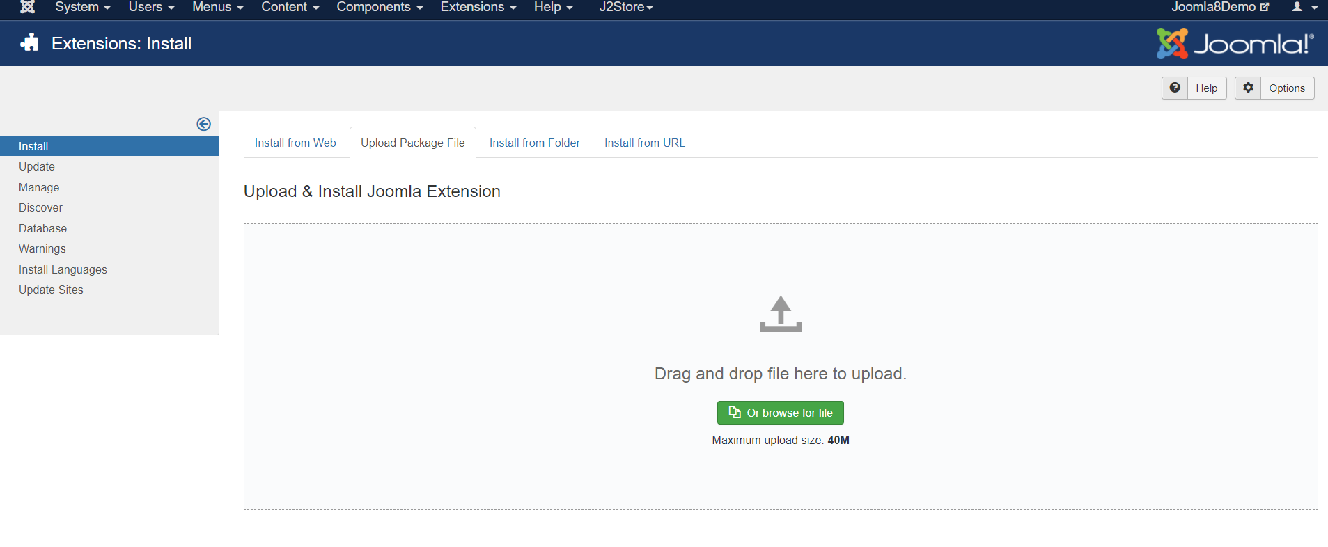 Joomla 4 Extensions: Install screen, Upload Package File tab, with drag and drop area and the Or browse for file button