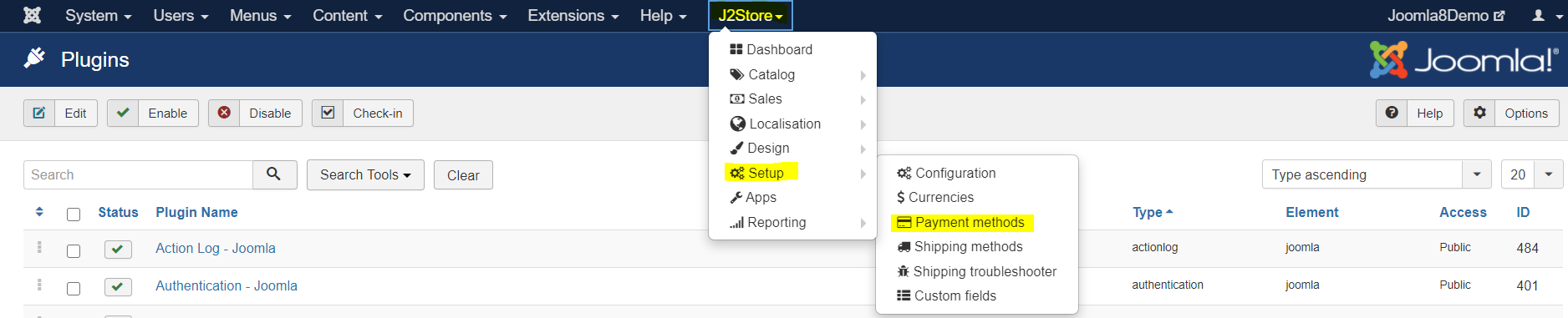 Joomla 4 Plugins list with the J2Store menu open, Setup submenu and Payment methods entry highlighted